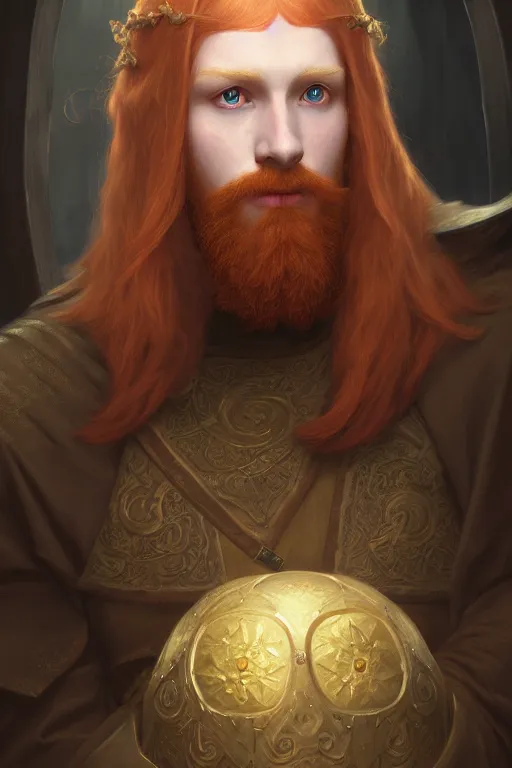 Image similar to a portrait of a ginger male wizard, illustration, soft lighting, soft details, dark mood, painting oil on canvas by Edmund Blair Leighton and Charlie Bowater octane render trending on artstation d&d characters, 4k, 8k, HD