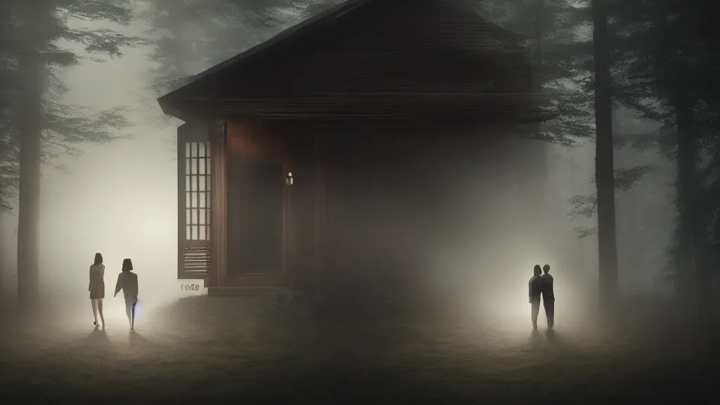 Image similar to portrait of a woman and a man holding hands on the threshold of a wooden house, fog, volumetric lighting, mystique, atmospheric, sharp focus, ultra detailed, ross tran, thierry doizon, kai carpenter, ignacio fernandez rios, noir art house, 4 k, 3 5 mm