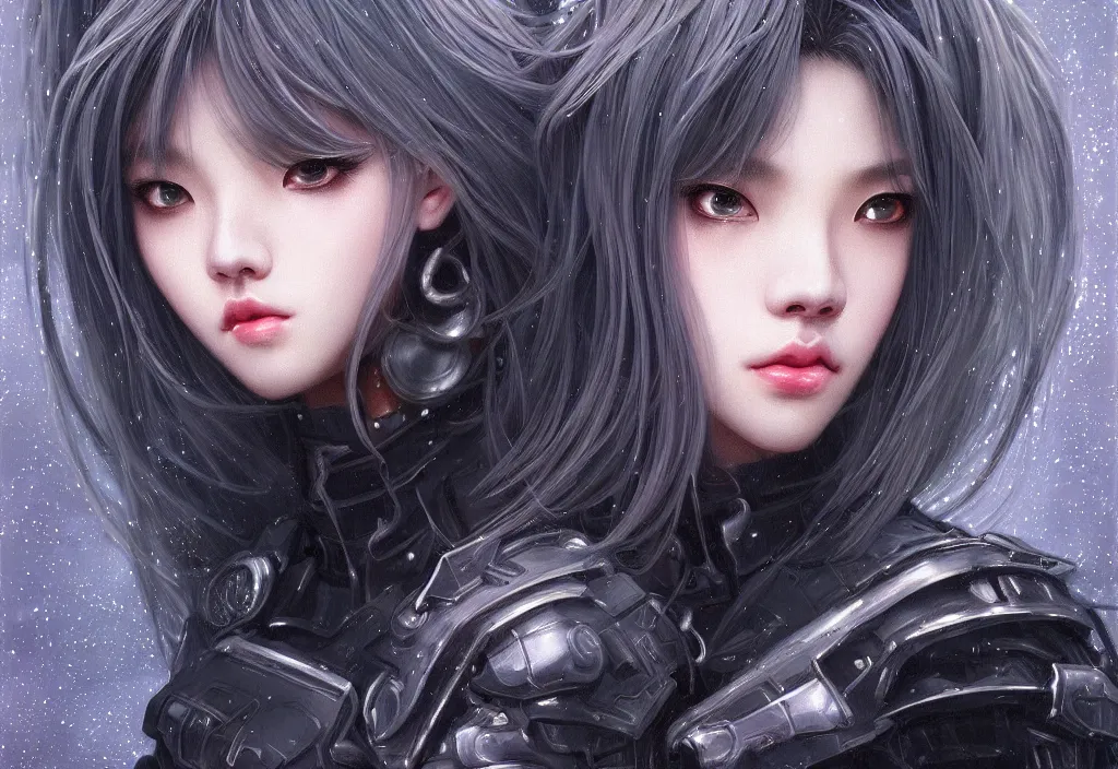 Image similar to portrait lisa blackpink + medium grey hair of futuristic police girl, black armored uniform, at futuristic cyberpunk color tokyo rainy night, ssci - fi and fantasy, intricate and very very very beautiful, highly detailed, digital painting, artstation, concept art, smooth and sharp focus, illustration, art by tian zi and wlop and alphonse mucha