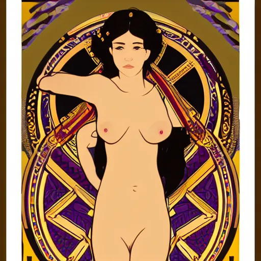 Prompt: vector illustration of an over tanned instagram influenza vulgar girl, siliconized, too much plastic surgery, big booty, artstation, art by gustav klimt - alphonse mucha