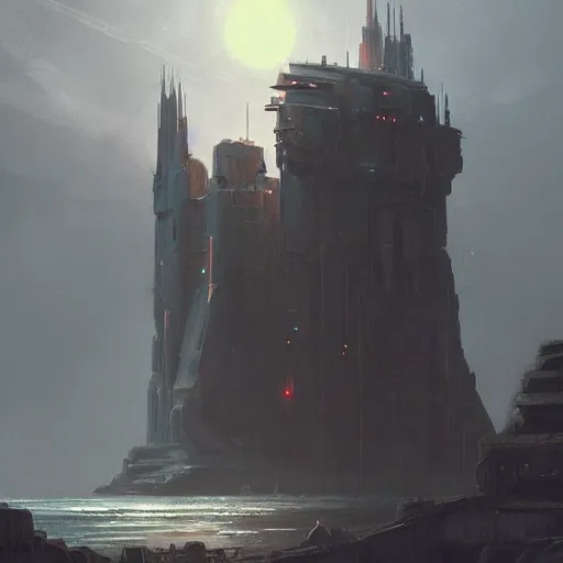 Image similar to star wars concept art by greg rutkowski, a palatial and imposing fortress compound facility in the middle of the ocean landscape, enigmatic atmosphere, beautiful and cinematic lighting, artstation hq.