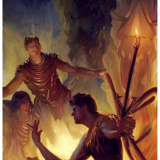 Image similar to attractive male deity casts light spell, summons attractive male lucifer morningstar. highly detailed painting by gaston bussiere, craig mullins, j. c. leyendecker 8 k