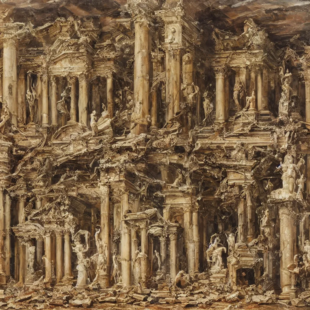 Prompt: oil painting extremely detailed of a destroyed panteon with 7 statues of extint forgotten gods