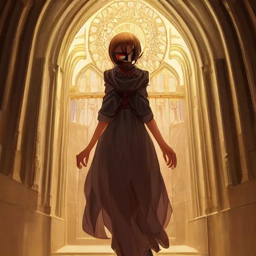 Image similar to angelic girl in intricate clothing walking a cathedralic hallway at night, very high detail, painting, digital anime art, medium shot, mid - shot, wlop, ilya kuvshinov, artgerm, krenz cushart, greg rutkowski, sana takeda