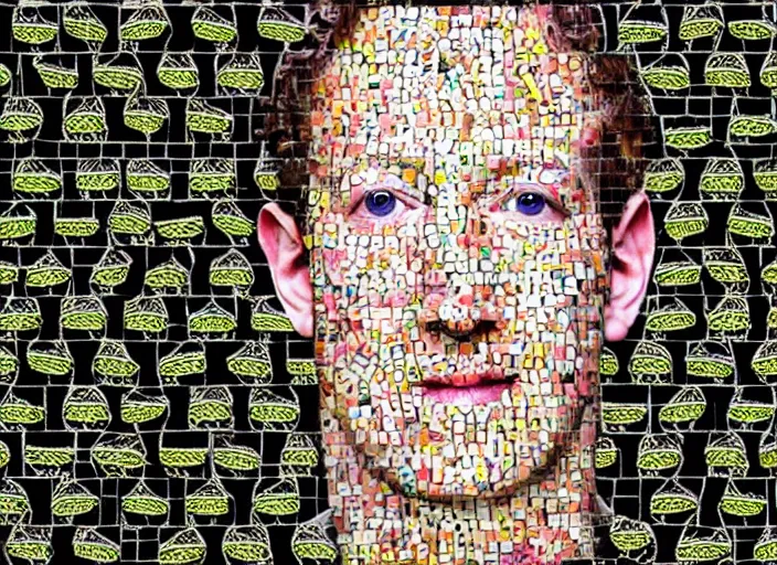 Image similar to zuckerberg's face composed of many small zucchinis in a mosaic pattern on black background