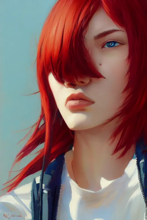 Image similar to A ultradetailed beautiful panting of a stylish woman looking at the camera, she is wearing streetwear, she has red hair with bangs, bright sunny day, Oil painting, by Ilya Kuvshinov, Greg Rutkowski and Makoto Shinkai