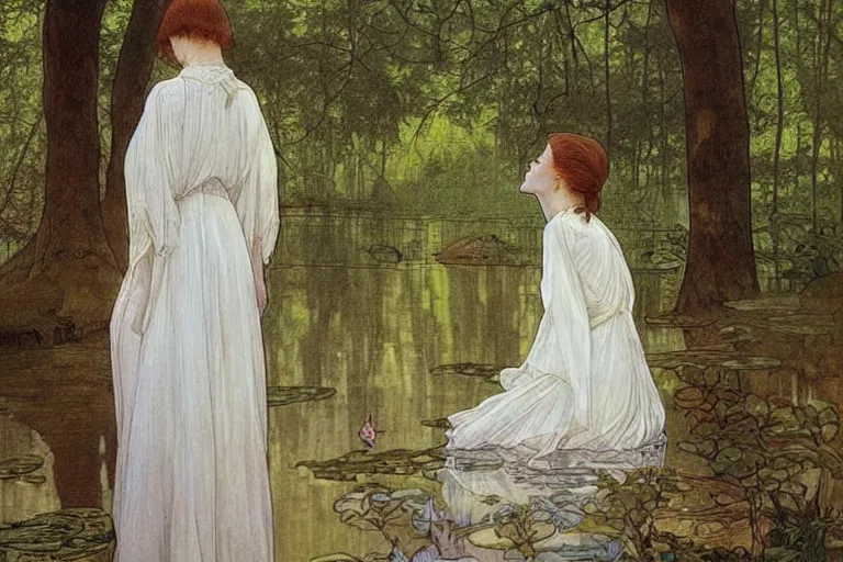 Prompt: a beautiful painting of the back view of a young lady in white dress sitting by the river in a grown forest, looking at her reflection on the water, sunlight reflected on the river, Mucha, Moebius, Mohrbacher