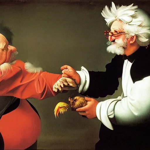 Prompt: Angry Colonel Sanders petting a plump chicken. Painted by Caravaggio, high detail