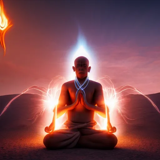 Prompt: monk with firepowers in the desert, creating a yin and yang symbol behind him with his fire powers while meditating, high fantasy artstyle, octane render, realistic lightning