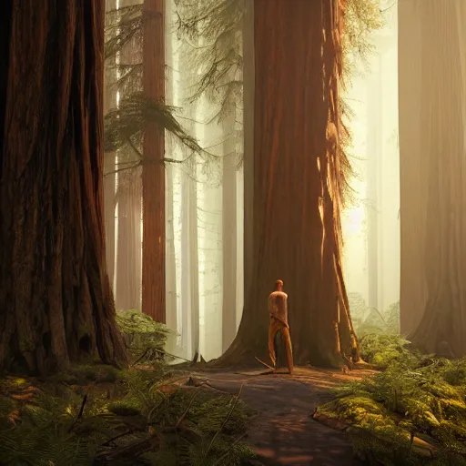 Prompt: starving man in a redwood forest, sunlit, octane render, matte, greg rutkowski, highly detailed, hdr