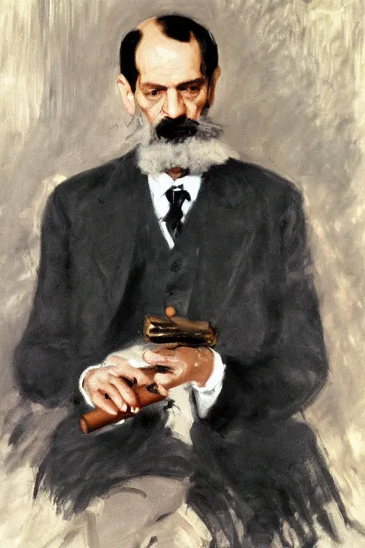 Image similar to portrait of sigmund freud, holding cigar, by john singer sargent, detailed, impressive, freudian