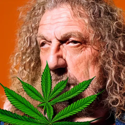 Image similar to robert plant with marijuana buds and leafs for a head and face 4 k