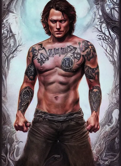 Image similar to handsome! Sam Winchester as a muscular whole body tattooed with runes and religious symbols, urban fantasy romance book cover, D&D!, fantasy style, sharp focus!, ultra detailed, art by Artgerm and Peter Andrew Jones, WLUP