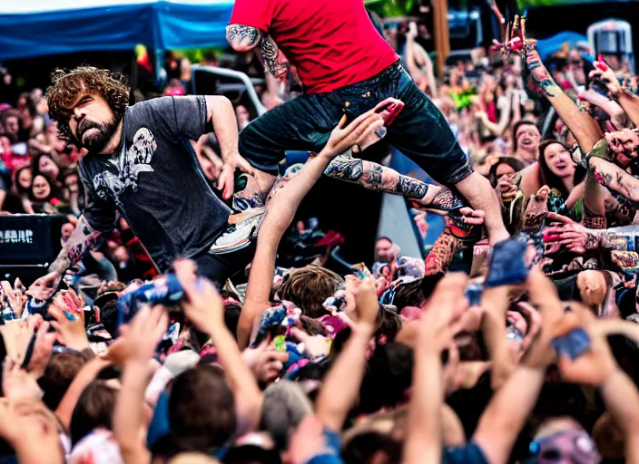 Image similar to photo still of peter dinklage at the vans warped tour!!!!!!!! at age 3 6 years old 3 6 years of age!!!!!!!! stage diving into the crowd, 8 k, 8 5 mm f 1. 8, studio lighting, rim light, right side key light