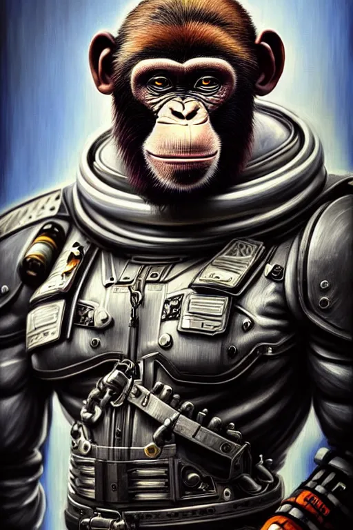 Image similar to a portrait of a muscular anthropomorphic cyberpunk chimp in spacesuit armor with ensignia on chest plate by sandra chevrier, by jon foster, detailed render, post - processing, extremely hyperdetailed, intricate, epic composition, cybernetics, 4 k realistic, cryengine, realistic shaded lighting, sharp focus, masterpiece, by enki bilal