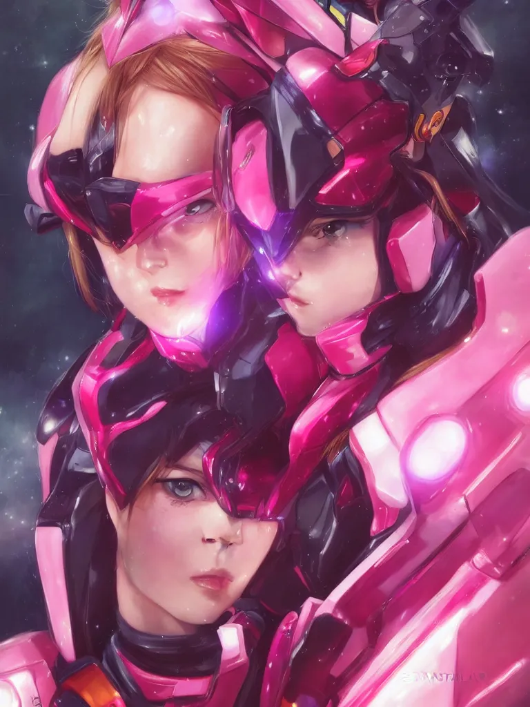 Image similar to A realistic anime portrait of a woman in a Gundam suit with glowing pink, digital painting, by Stanley Artgerm Lau, Sakimichan, WLOP and Rossdraws, digtial painting, trending on ArtStation, SFW version