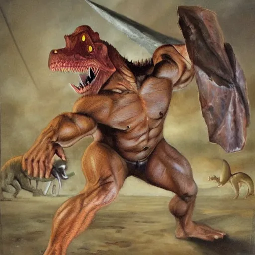 Prompt: a realistic muscular neanderthal man fighting dinosaur, painting