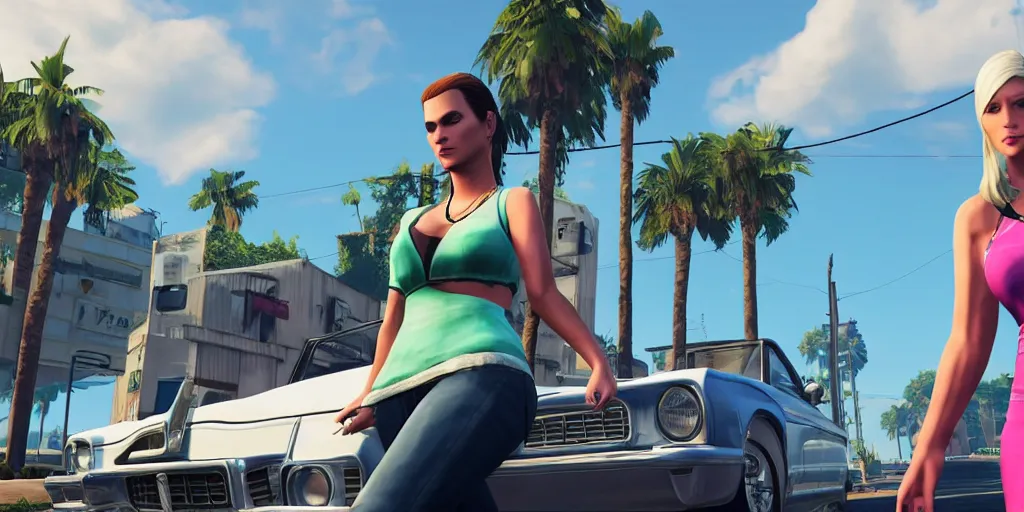 Prompt: Screenshot of Grand Theft Auto VI GTA 6, Vice City, Third-person view of female character, Video Game UI, 2025, Hyperrealistic 4k graphics, Official gameplay reveal trailer