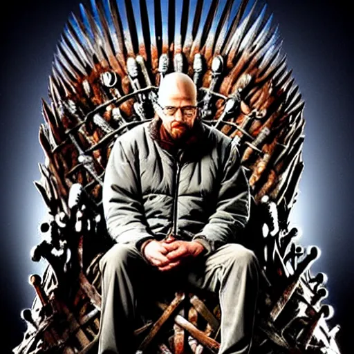 Prompt: “Very photorealistic photo of Walter White sitting on the Iron Throne from Game of Thrones, award-winning details”