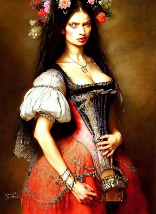 Prompt: a beautiful woman with baroque gothic dress, adriana lima, misa amane. by rembrandt 1 6 6 7, illustration, by konstantin razumov