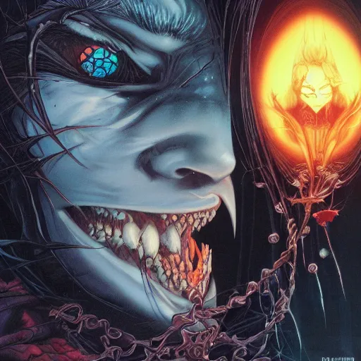 Image similar to closeup of face melting, vampire, catelvania, by yoichi hatakenaka, masamune shirow, josan gonzales and dan mumford, ayami kojima, takato yamamoto, barclay shaw, karol bak