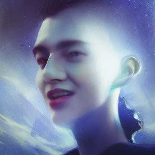 Prompt: 3 d, sci - fi, close - up, night, smiling fashion model face, moon rays, cinematic, clouds, vogue cover style, man on the horizon : :. 1, blue mood, realistic painting, intricate oil painting, high detail illustration, figurative art, multiple exposure, poster art, 3 d, by tooth wu and wlop and beeple