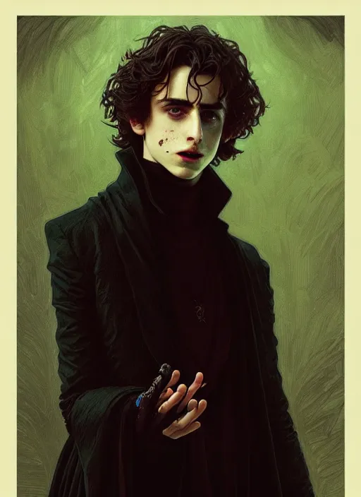 Image similar to portrait of timothee chalamet as a vampire lord, greek, emerald, intricate, headshot, highly detailed, digital painting, artstation, concept art, sharp focus, cinematic lighting, illustration, art by artgerm and greg rutkowski, alphonse mucha, cgsociety