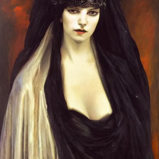 Prompt: oil painting of princess Vulvine, Hungarian, curly dark hair, fair skin, funeral veil, dark ominous by Georgia o Keeffe, by Marcel Jankowicz, Paul Ruben's, by Gustave Moreau, concept art, master, realism, romantism