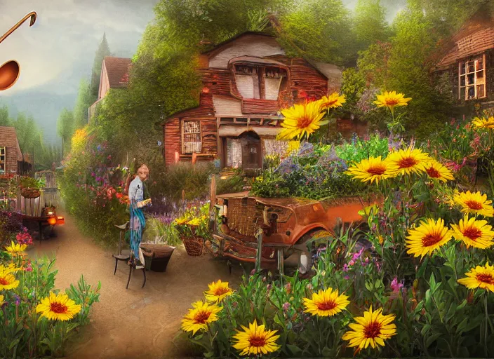 Prompt: 🌻🎹🎼, lowbrow in the style of corrie erickson, 8 k, matte painting,