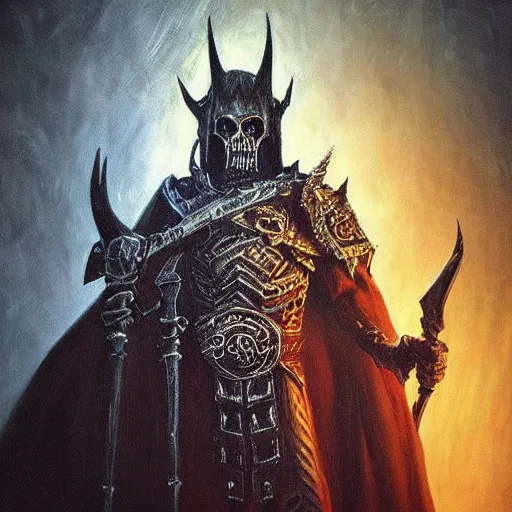 Image similar to “Portrait of the lich king in a gothic hall, high fantasy realistic painting, dramatic lighting”