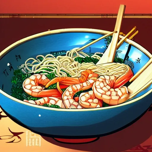 Prompt: illustration of noodles bowl with shrimps on makisu in traditional japan style, by makoto shinkai and takashi takeuchi