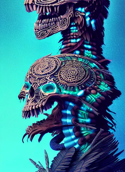 Image similar to 3 d shaman with tattoos profile portrait, sigma 5 0 0 mm f / 5. beautiful intricate highly detailed quetzalcoatl skull and feathers. bioluminescent, plasma, frost, water, wind, creature, gradient background, thunderstorm! artwork by tooth wu and wlop and beeple and greg rutkowski, 8 k trending on artstation,