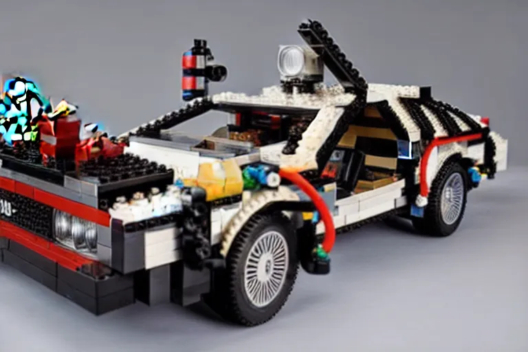 Image similar to lego 2 0 2 2 delorean time machine being dragged by a tow truck