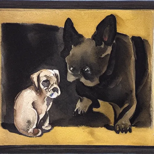 Prompt: a watercolor of a small black dog drinking beer by charles e. burchfield