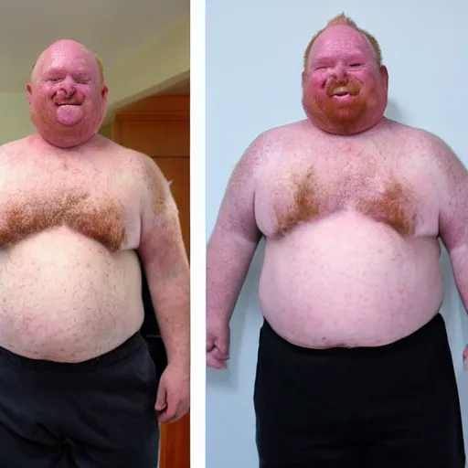 Image similar to 3 / 4 upper body of a 5 0 year old ginger men with crooked teeth, balding, overweight