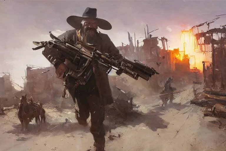 Image similar to oil painting of old rugged robot bounty hunter in a gunfight in dusty wild west street, art by anders zorn, wonderful masterpiece by greg rutkowski, beautiful cinematic light, american romanticism by greg manchess, jessica rossier