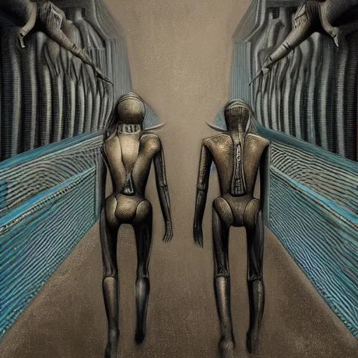 Prompt: a couple of humans walking across a metallic bridge, h. r. giger digital painting