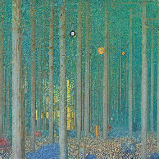 Prompt: a dark foggy golden blue forest, eerie, pulsating , Ernst Haeckel, Klimt, Henri Rousseau, film still by wes anderson