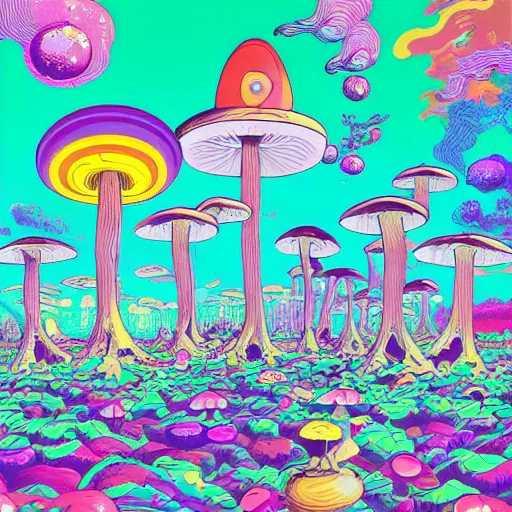 Image similar to mushrooms in the place of flying saucers, hallucinogenic, psychedelics, enhanced vision, vaporwave, future funk, japanese - inspired