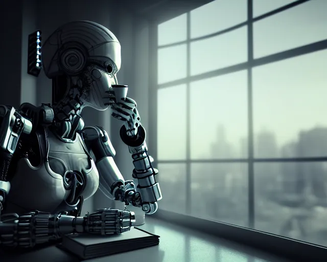 Image similar to portrait of an armored female with biomechanical cybernetic body who is drinking coffee near a window looking outside with dystopian city visible outside. very detailed 8 k. cyberpunk fantasy style. unreal engine render. global illumination. nanite. rtx. path tracing.