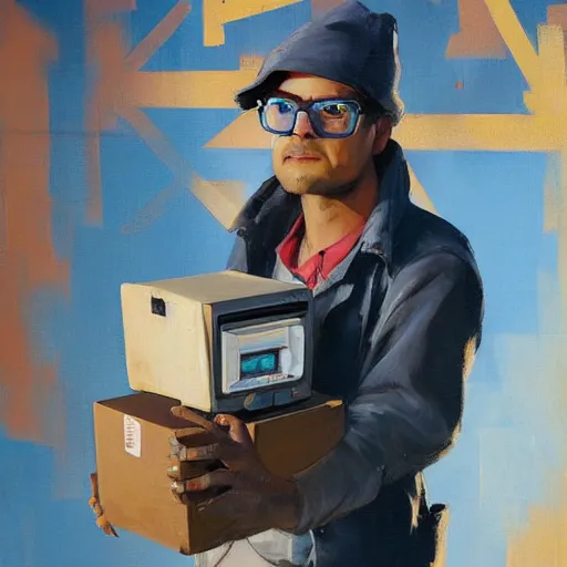 Image similar to greg manchess painting of a trash panda character, holding a box of cables and standing next to old electronic equiptment, medium shot, asymmetrical, profile picture, organic painting, sunny day, matte painting, bold shapes, hard edges, street art, trending on artstation, by huang guangjian and gil elvgren and sachin teng