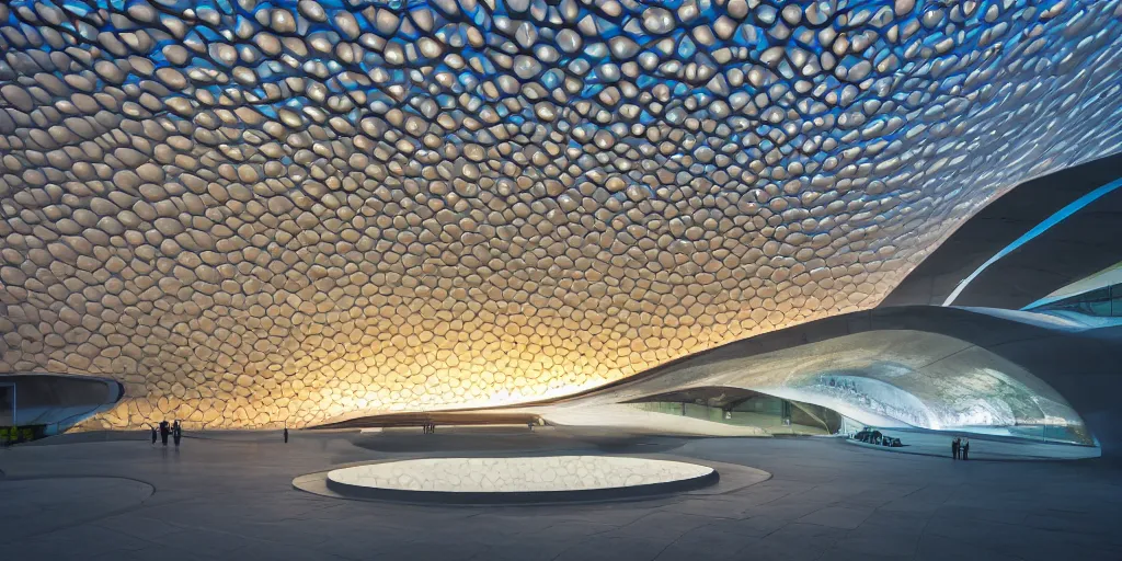 Image similar to extremely detailed awe stunning beautiful futuristic smooth curvilinear museum exterior, translucent gills, stunning volumetric light, stainless steel, concrete, translucent material, beautiful sunset, hyper real, 8k, colorful, 3D cinematic volumetric light, atmospheric light