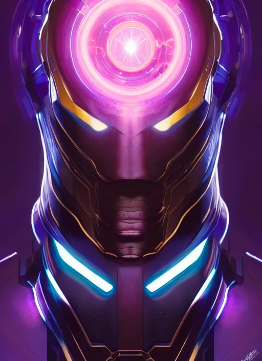 Image similar to symmetry!! portrait of thanos, sci - fi, tech wear, glowing lights!! intricate, elegant, highly detailed, digital painting, artstation, concept art, smooth, sharp focus, illustration, art by artgerm and greg rutkowski and alphonse mucha