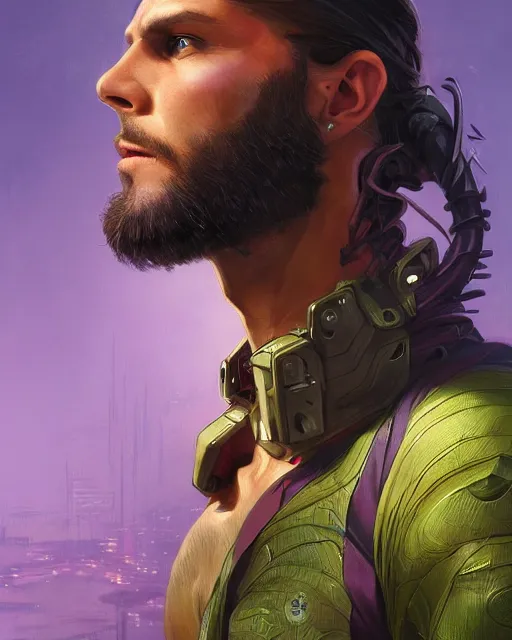 Image similar to '' Face portrait of a handsome reptilian fighter, purple eyes, long hair with a ponytail , sci-fy, cyberpunk, high detail, 4k , digital painting, artstation, concept art, sharp focus, illustration, art by greg rutkowski and alphonse mucha ''