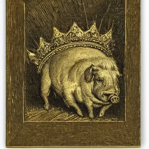 Image similar to a detailed woodcut of a pig in a gold crown by Gustave Doré