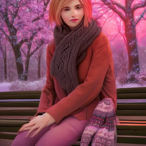 Prompt: highly detailed and intricate wlop artwork of a beautiful woman wearing warm winter clothes and a pink scarf sitting on a park bench in the fall, volumetric lighting, extremely complex, trending on artstation, featured on behance, 4 k, 8 k, 1 6 k