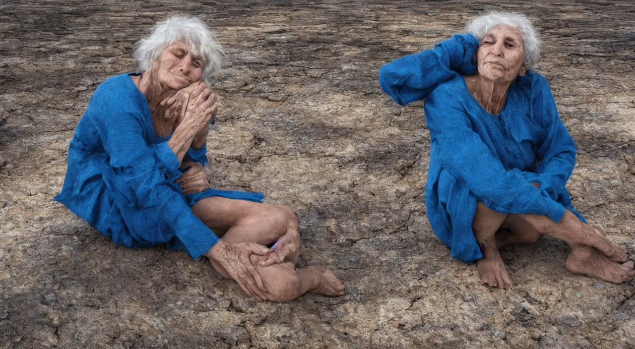 Prompt: 65-year-old Gaia crying one single tear, facing the camera and sitting on a dried up river in a desolate land, blue sky, hot and sunny, highly-detailed, elegant, dramatic lighting, artstation, 4k, cinematic landscape, photograph by Elisabeth Gadd