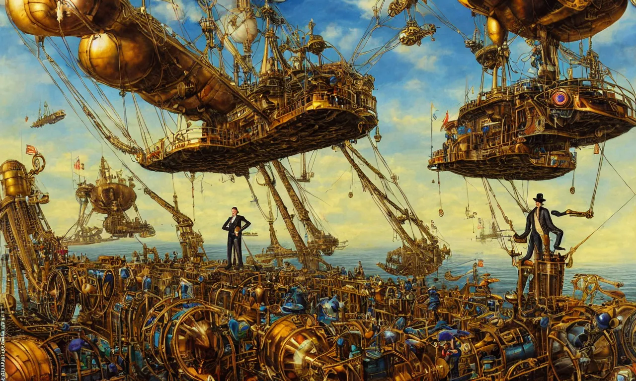 Prompt: close up of a gentleman navigator standing on deck of his steampunk airship flying over a vast ocean of a very large language model, observing giant flying robot harvesters collecting data relations in the background, painted by josh kirby, ligne claire, very detailed and colorful, low light