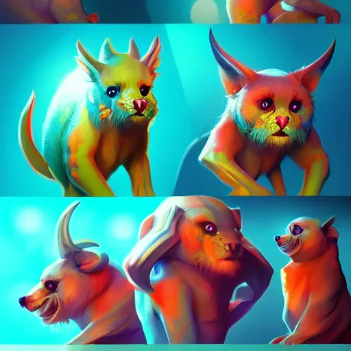 Image similar to cute creatures. bright art masterpiece artstation. 8k, sharp high quality illustration in style of Jose Daniel Cabrera Pena and Leonid Kozienko, magical colored theme, concept art by Tooth Wu,