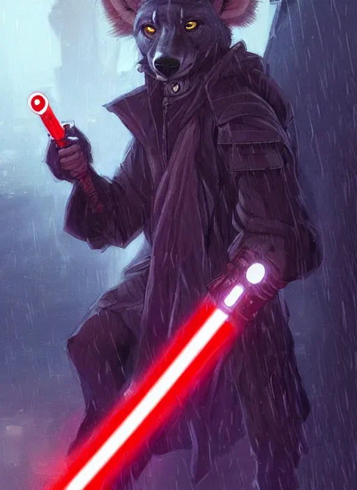 Image similar to beautiful portrait commission of a male furry anthro hyena fursona wearing jedi robes and wielding a red lightsaber in a cyberpunk city at night in the rain. character design by charlie bowater, ross tran, artgerm, and makoto shinkai, detailed, inked, western comic book art